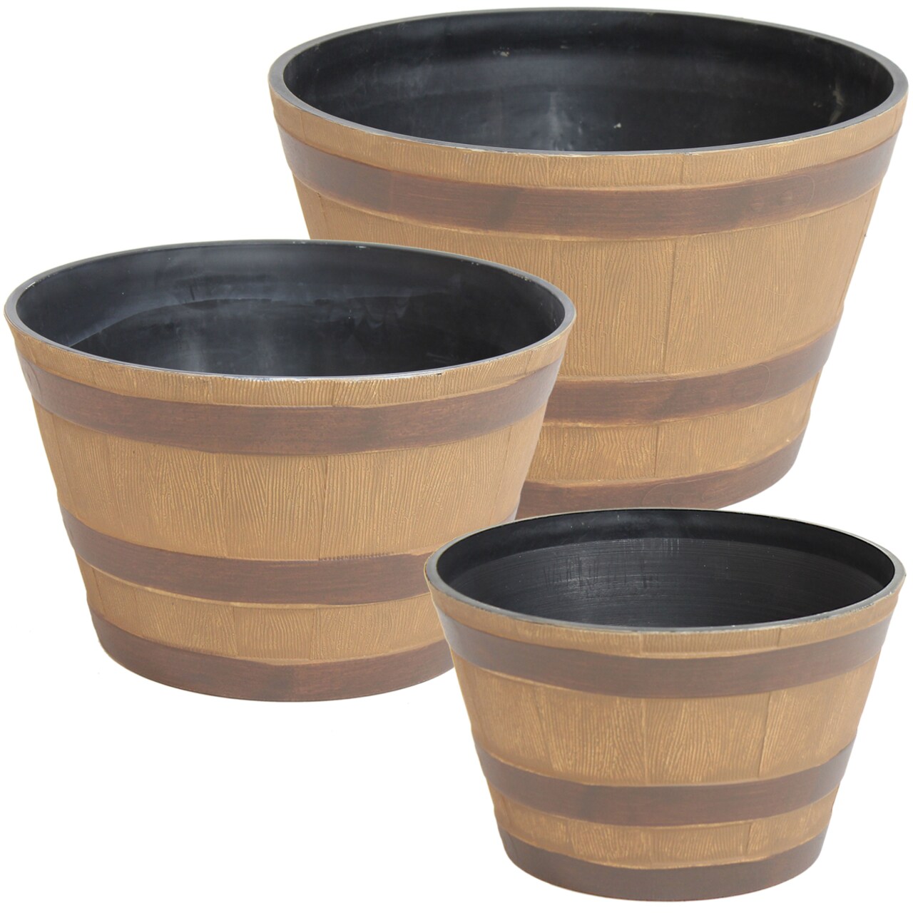 Sunnydaze Resin Rustic Cask Outdoor Planter 13 In 15 In 17 In - Set Of 3